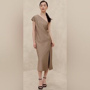 Elegant One-Shoulder Satin Brown Midi Dress (NWT)